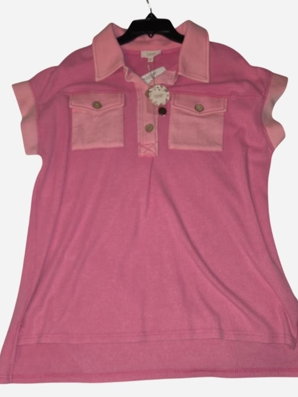Pink Polo-Style Short Sleeve Top with Contrast Pockets